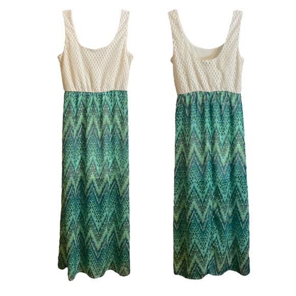 Lily Rose Maxi Dress Size M Women’s Cream Lace Green Aztec Tribal Pattern Lined - Picture 1 of 12